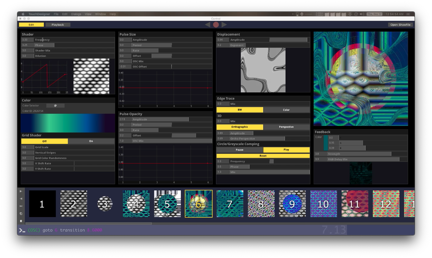 A picture of the GUI for this project. There are assorted sliders and graphs. Several component previews are available. A scene designer and transition control strip are at the bottom.