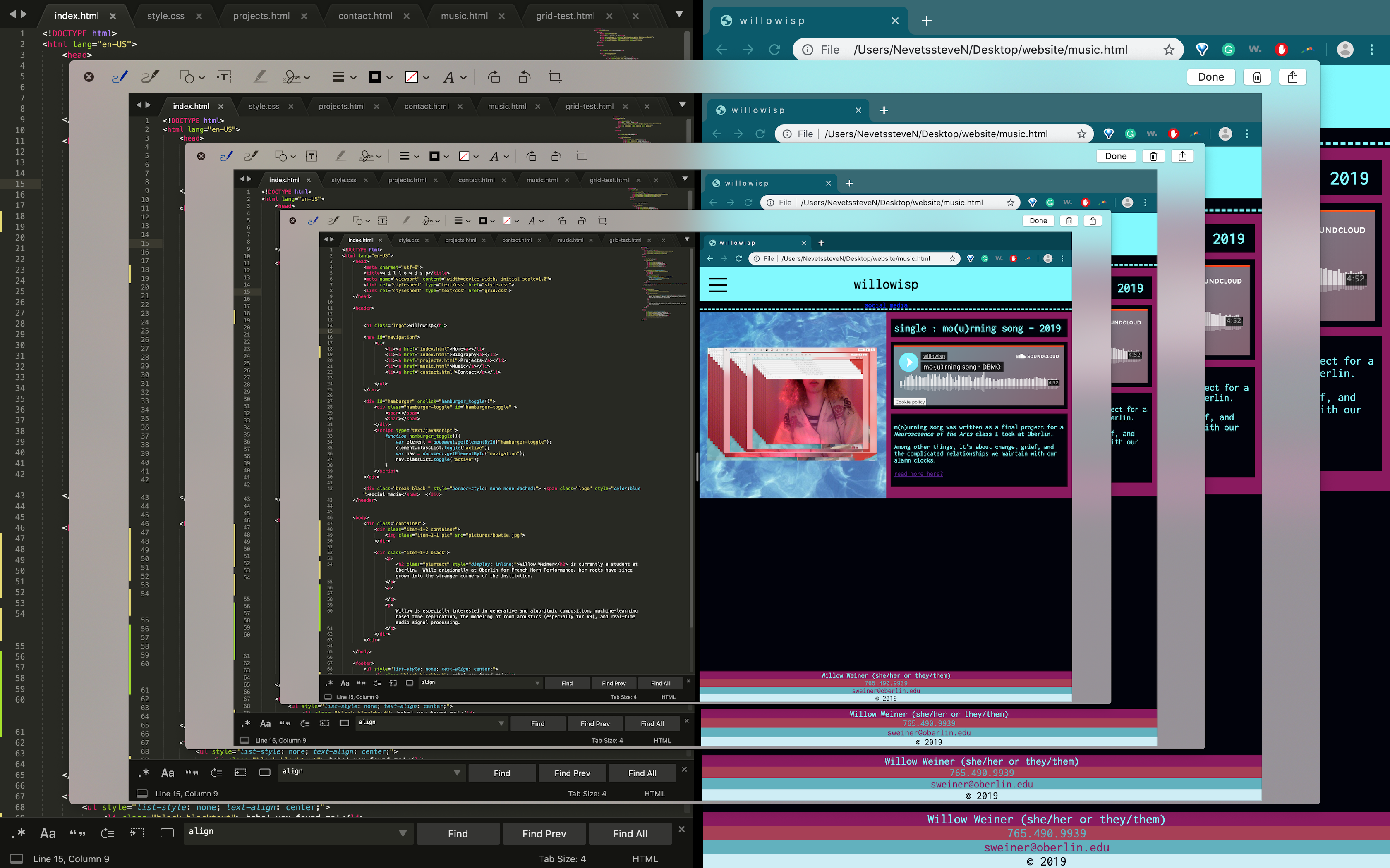 A picture of this website in development. A text editor with code is on the left side, and this webpage is on the right side. The image has been recursively scaled down and layed on top of itself several times. This gives an impression of concentric, rectangular stripes.
